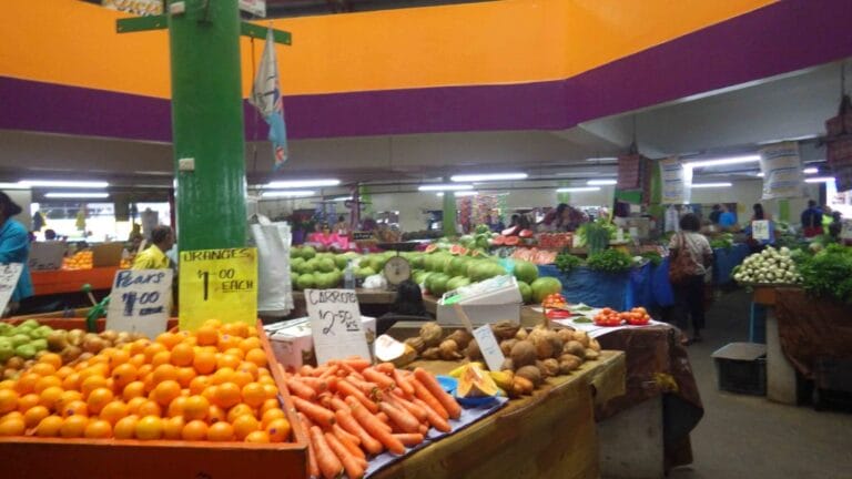 produce market in Fiji displaying carrots, pears, oranges, melons, and coconuts for sale